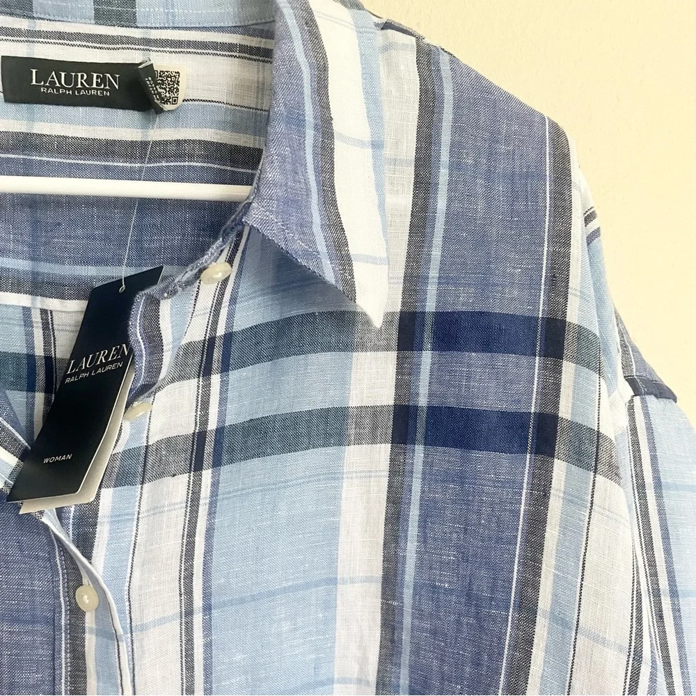 Ralph Lauren Floral and Blue Plaid Linen Women's Top - Picture 6 of 8